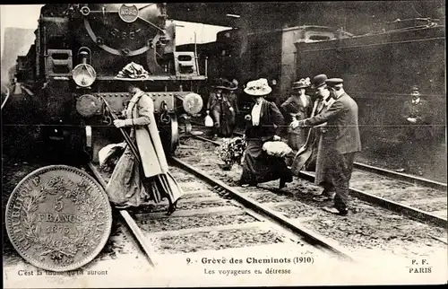 Ak Greve des Cheminots du Nord 1910, Bahnhof, Eisenbahnstreik, Les voyageurs en detresse
