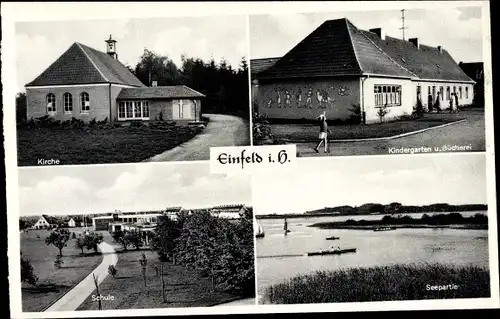 Ak Einfeld Neumünster, Kirche, Schule, Kindergarten, Bücherei, Seepartie