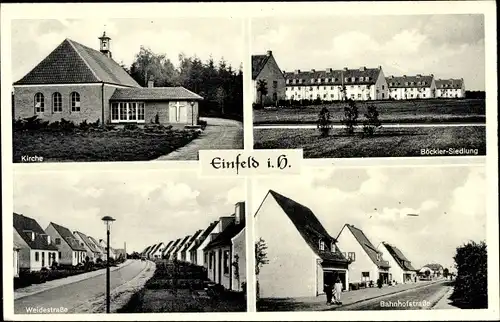 Ak Einfeld Neumünster in Schleswig Holstein, Kirche, Böckler Siedlung, Weidestraße, Bahnhofstraße