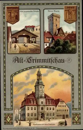 Litho Crimmitschau in Sachsen, Roter Turm, gedeckte Brücke, Rathaus, Stadtrechtsfeier 1914