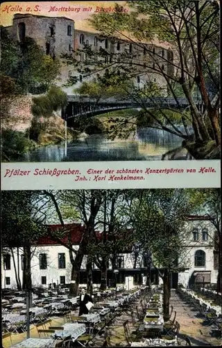 Ak Halle Saale, Gasthof Pfälzer Schießgraben, Inh. Otto Schulze, Moritzburg mit Burgbrücke