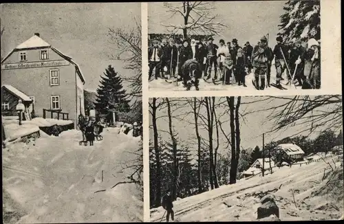 Ak Berkatal in Hessen, Schwalbental auf dem Großen Meißner, Skifahrer, Schlitten