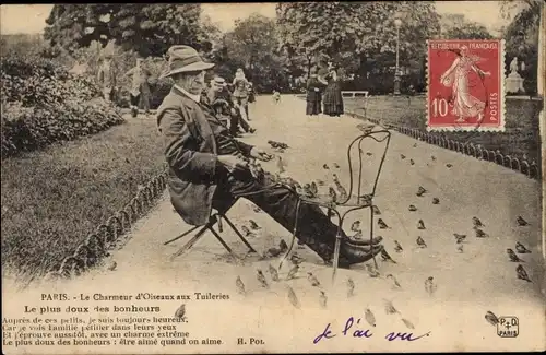 Ak Paris Frankreich, Charmeur d'Oiseaux aux Tuileries, Le plus doux des bonheurs