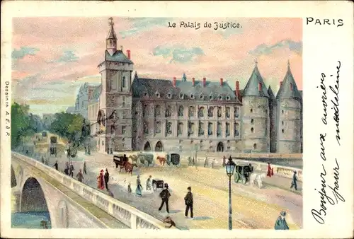 Litho Paris II Bourse, Palais de Justice, Pont au Change