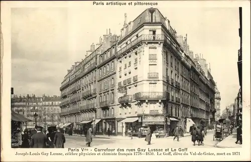 Ak Paris V, Carrefour des Rues Gay Lussac et Le Goff, Geschäfte, Passanten