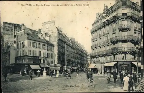 Ak Paris VI, Rue du Four, Carrefour de la Croix Rouge, Straßenpartie, Geschäfte