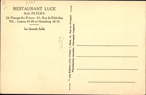 Ak Paris II. Arrondiss. Bourse, Restaurant Luce, Passage des Princes, Rue de Richelieu, Grande Salle