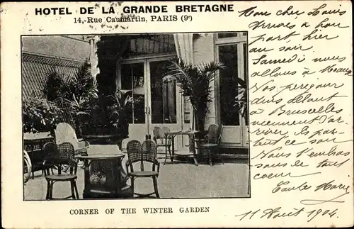 Ak Paris IX., Hotel de la Grande Bretagne, Rue Caumartin, Jardin  d'Hiver