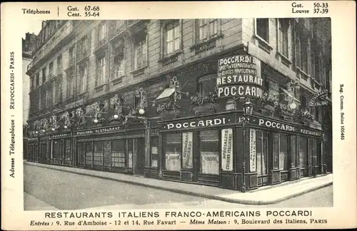 Ak Paris X., Restaurant Italiens Franco Americains Poccardi, Rue d'Amboise, Rue Favart
