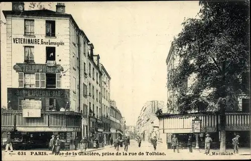 Ak Paris XIII., Rue de la Glaciere, prise de la Rue de Tolbiac, Veterinaire Lemaignan, Bar E. Dupont