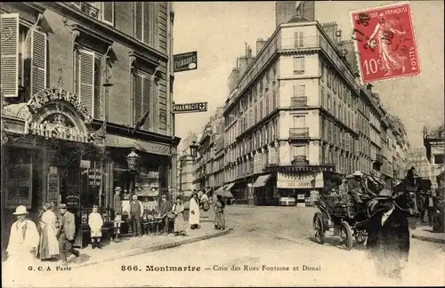 Ak Paris XVIII., Coin des Rues Fontaine et Douai, Pharmacie