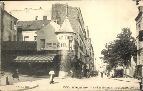 Ak Paris XVIII., La Rue Marcadet, Hotel a la Tourelle