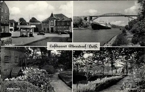 Ak Albersdorf in Dithmarschen, Wassermühle, Am Markt, Hochbrücke Grüntal, Waldpartie