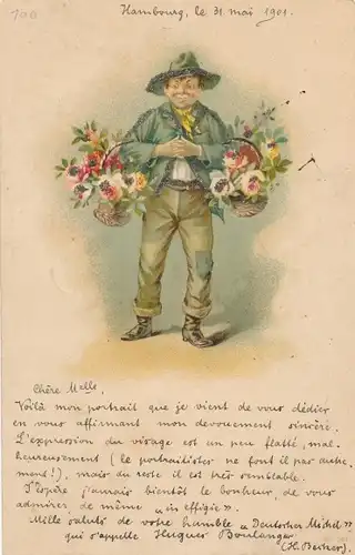 Ak Mann mit Blumen, Körbe, Blumenstrauß