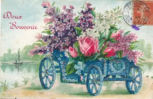 Ak Auto mit Blumen geschmückt, Vergissmeinnicht, Rosen, Souvenir