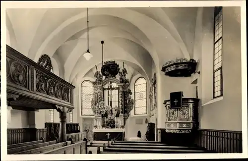 Ak Pyrbaum in der Oberpfalz, Evang.-Luth. Kirche, Innenansicht, Altarraum, Empore, Kanzel