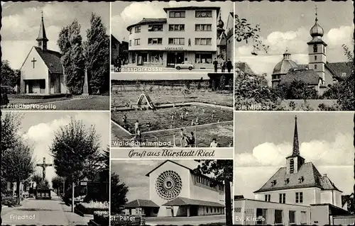 Ak Bürstadt in Hessen, Friedhof, Kapelle, Waldschwimmbad, kath. und ev. Kirchen, Kreissparkasse