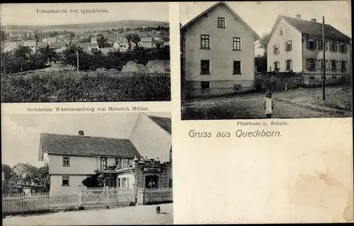 Ak Grünberg in Hessen, Pfarrhaus, Schule, Gemischtwarenhandlung, Totalansicht