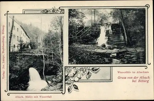 Ak Albach Bitburg in der Eifel, Wasserfälle im Albachtal, Wassermühle