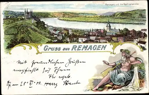 Litho Remagen am Rhein, Apollinariskirche, Vater Rhein, Blick auf den Ort