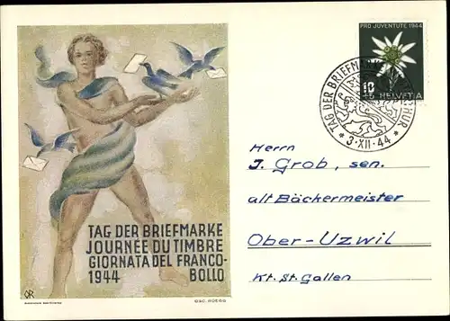 Künstler Ak Ruegg, Winterthur Kt. Zürich Schweiz, Tag der Briefmarke 1944, Franco Bollo