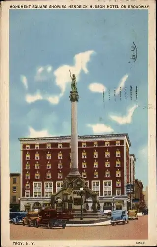 Ak Troy New York State USA, Monument Square showing Hendrick Hudson Hotel on Broadway