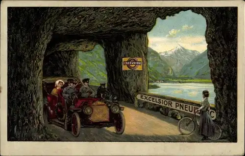 Litho Excelsior Pneumatic Reifen, Reklame, Automobil, Bergtunnel, Fahrrad