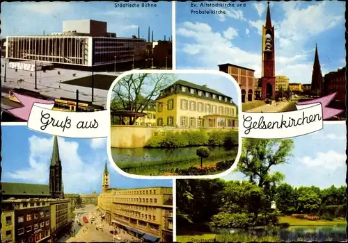Ak Gelsenkirchen im Ruhrgebiet, Ev. Kirche, Probsteikirche, Städt. Bühne, Parkanlage