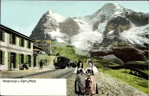 Ak Wengen Kanton Bern, Wengeralp, Bahnhof, Trachten, Eiger, Mönch