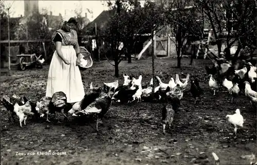 Ak Zeeland Niederlande, Zeeuwse Klederdracht, Mädchen füttert Hühner