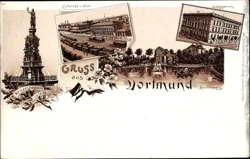 Litho Dortmund im Ruhrgebiet, Kriegerdenkmal, Bahnhof, Post, Gymnasium, Kronenburg