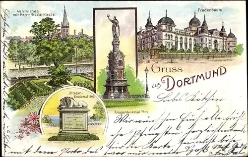 Litho Dortmund im Ruhrgebiet, Fredenbaum, Vehmlinde, Petri Nicolai Kirche, Kriegerdenkmal 1870/71