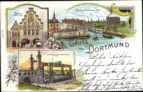 Litho Dortmund im Ruhrgebiet, Rathaus, Hafenpartie, Schiffshebewerk Oberwiese