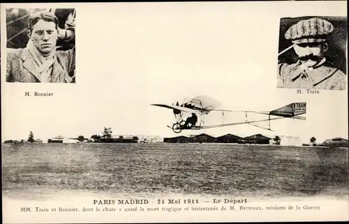 Ak Paris-Madrid, Le Depart, Zivilflugzeug, M. Bonnier, M. Train, Flugpionier
