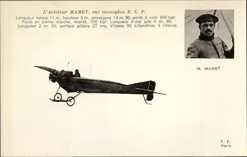 Ak L'Aviateur Mamet, Monoplan REP, Pilot, Flugpionier