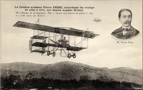 Ak Le Célèbre aviateur Pierre Prier, Recordman, Biplan anglais Bristol, Flugpionier