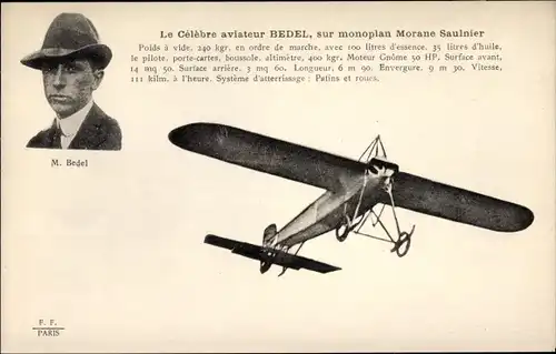 Ak Celebre aviateur M. Bedel, sur monoplan Morane Saulnier, Flugpionier