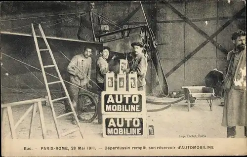 Ak Paris-Rome, 1911, Depardussin remplit son reservoir d'Automobiline