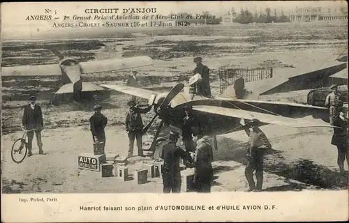 Ak Circuit d'Anjou, Hanriot faisant son plein d'Automobiline et d'Huile Avion D.F.