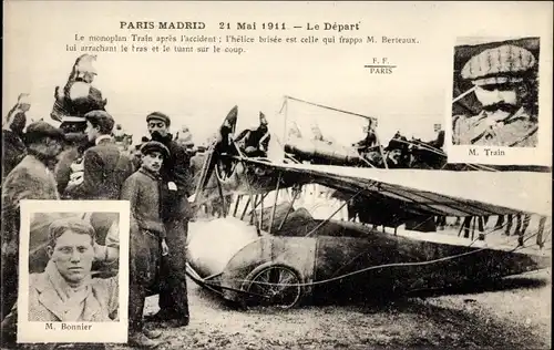 Ak Raid Paris-Madrid, 21. Mai 1911, Bonnier, Train, Le Départ, Piloten, Flugpioniere