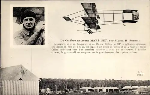Ak Le Celebre aviateur Martinet, sur biplan H. Farman, Flugpionier