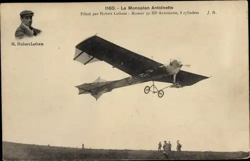 Ak L'Aviateur Hubert Latham sur son monoplan Antoinette, Flugpionier