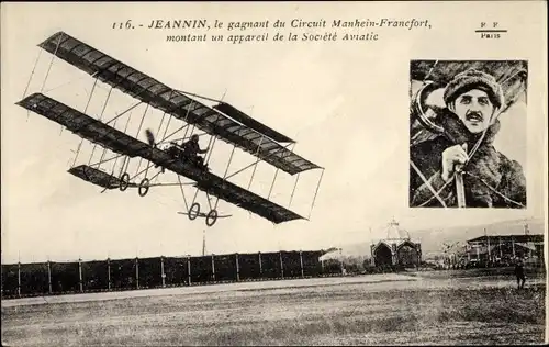 Ak Aviateur Jeannin, le gagnant du Circuit Manheim Francfort, montant un avion de la Societe Aviatic
