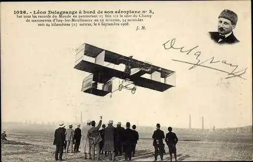 Ak Leon Delagrange a bord de son aeroplane no. 3, Doppeldecker