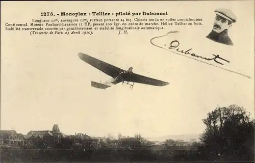 Ak Monoplan Tellier pilote par Dubonnet, Flugpionier