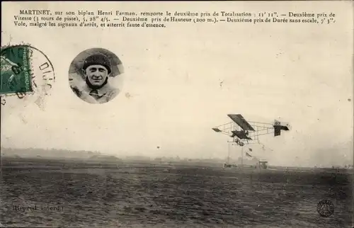 Ak Martinet, sur son Biplan Henri Farman, Flugpionier