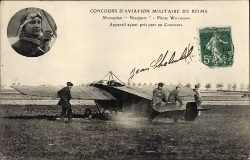 Ak Concours d'Aviation Militaire du Reims, Monoplan Nieuport, Pilote Weymann