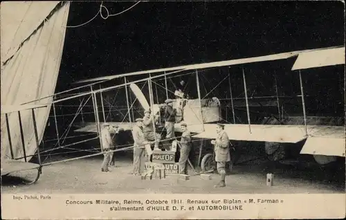 Ak Reims Marne, Concours militaire 1911, Renaux sur Biplan Farman, Huile D.F. et Automobiline