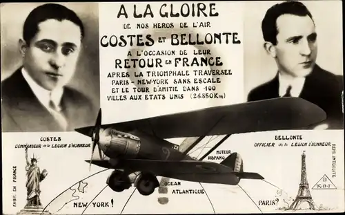 Ak A la Gloire de nos Heros de l'Air Costes et Bellonte, Militärflugzeug, Eiffelturm