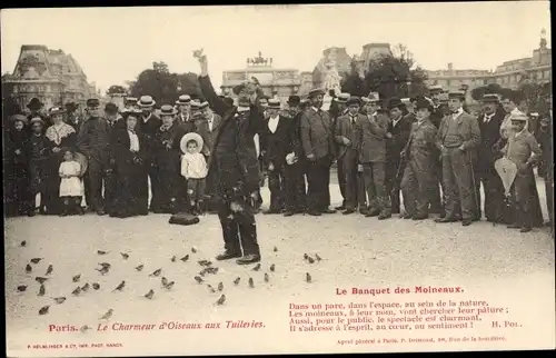 Ak Paris Frankreich, Le Charmeur d'Oiseaux aux Tuileries, Le Banquet des Moineaux